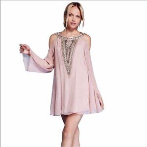 Free People Size Small Pink Beaded Luna Mini Dress Boho Bell Sleeve